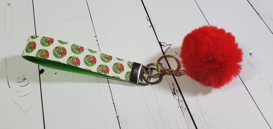 Green Grouch |  Faux Leather & Nylon Fabric Keychain | Fluffy Pompom | Key Fob Wristlet | Christmas Print | Santa Hat Grinch