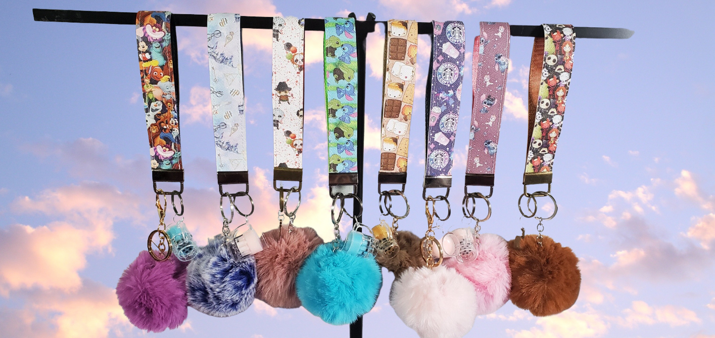 Lollipop Tie Dye |  Faux Leather & Nylon Fabric Keychain | Fluffy Pompom | Key Fob Wristlet |