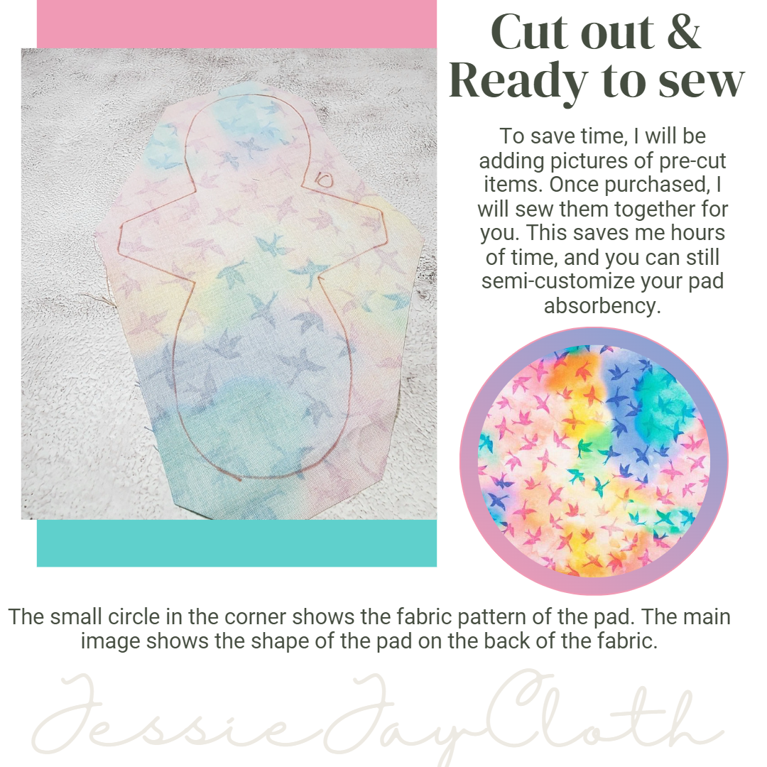 10 inch Miss Classy Cloth Pad or Liner | Tie dye Birds | 2.5" Snapped Width | Choose your absorbency