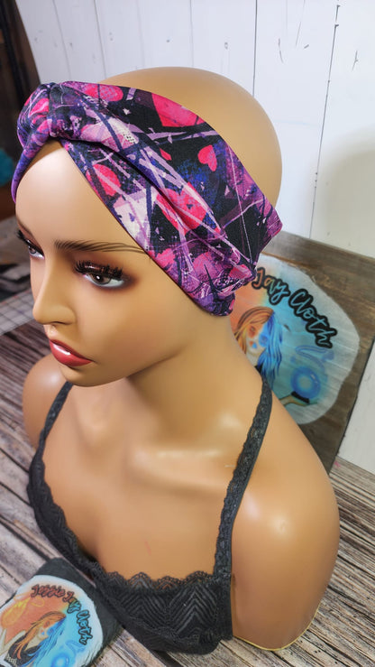 Pink Heart Grunge | Double Brushed Poly Twist Knot Head Band | Custom Turban Head Band | 4 Sizes