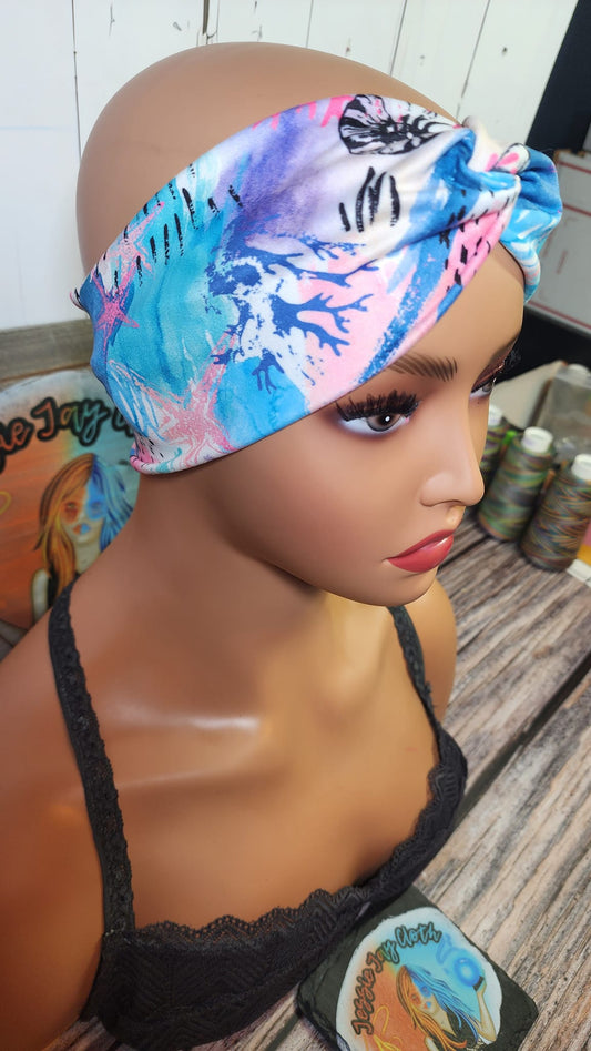 Coral Reef Ocean & Shells | Double Brushed Poly Twist Knot Head Band | Custom Turban Head Band | 4 Sizes