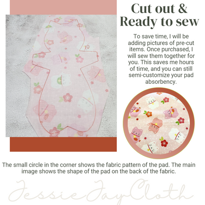 10 inch Kitty Cat, Lucky Cat Pink  | Cloth Pad or Liner | Choose your absorbency
