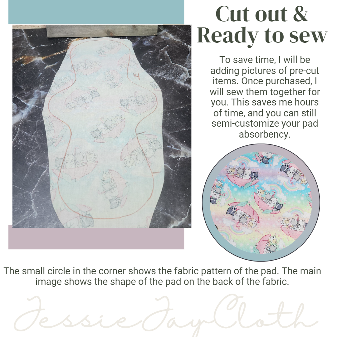 14 inch Classic Curvy | Kittens in umbrella Pastel Cat | Cloth Pad or liner | Choose your absorbency