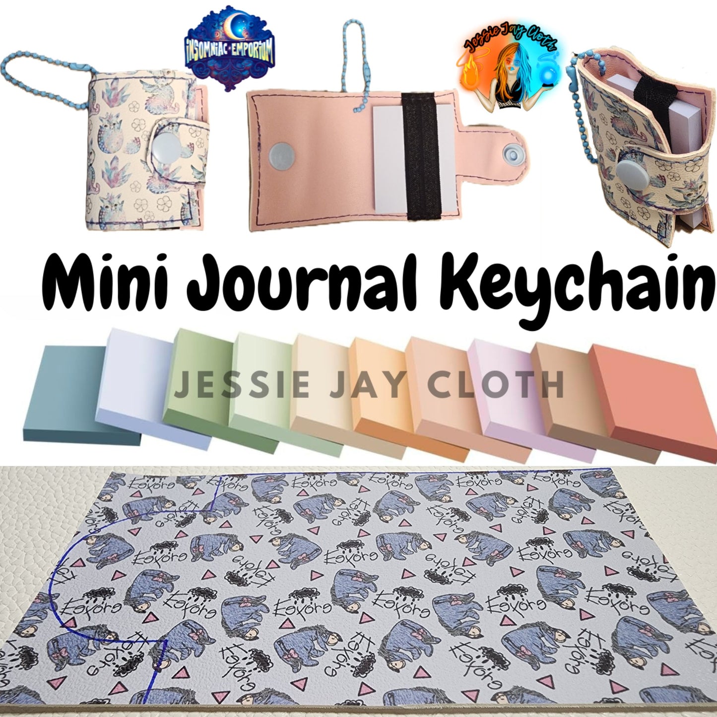 Reusable Mini Journal Keychain + Pen + Cord holder organizer + 50 sticky notes