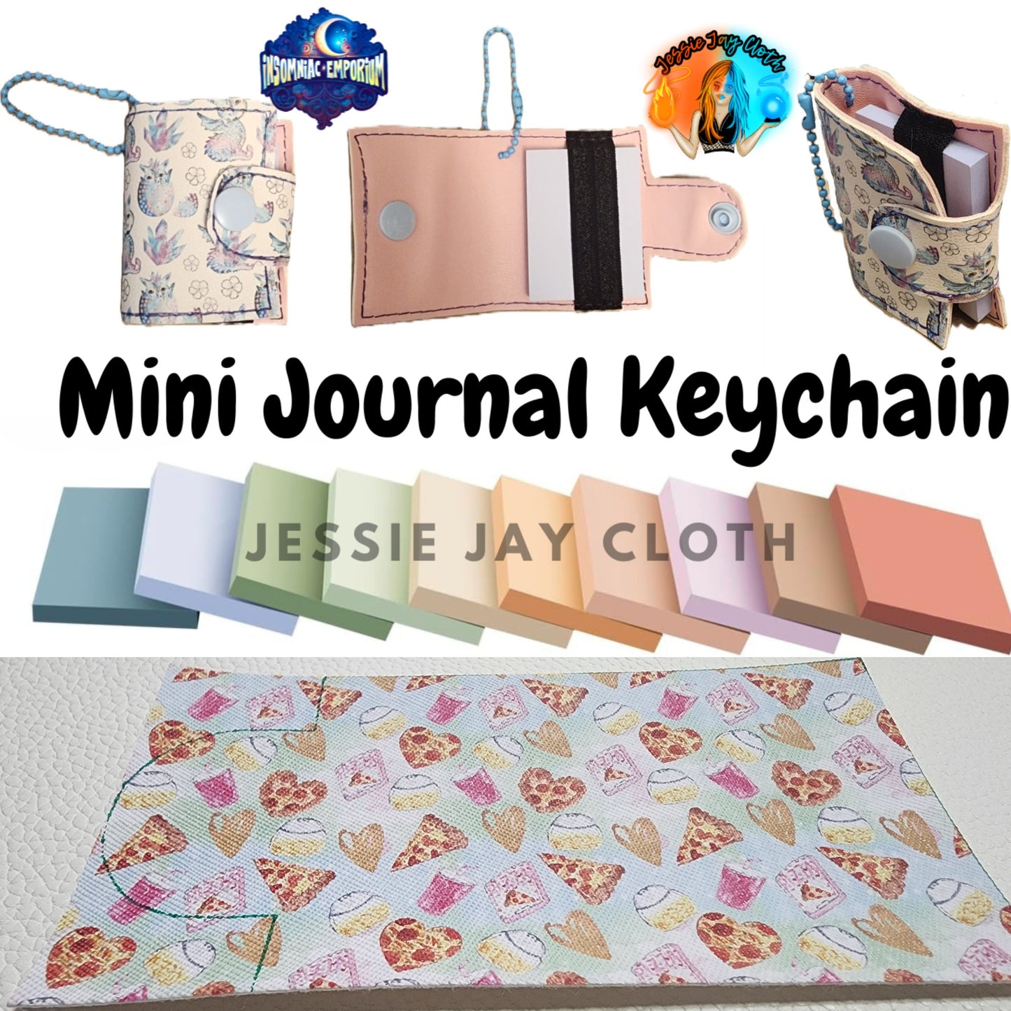 Reusable Mini Journal Keychain + Pen + Cord holder organizer + 50 sticky notes