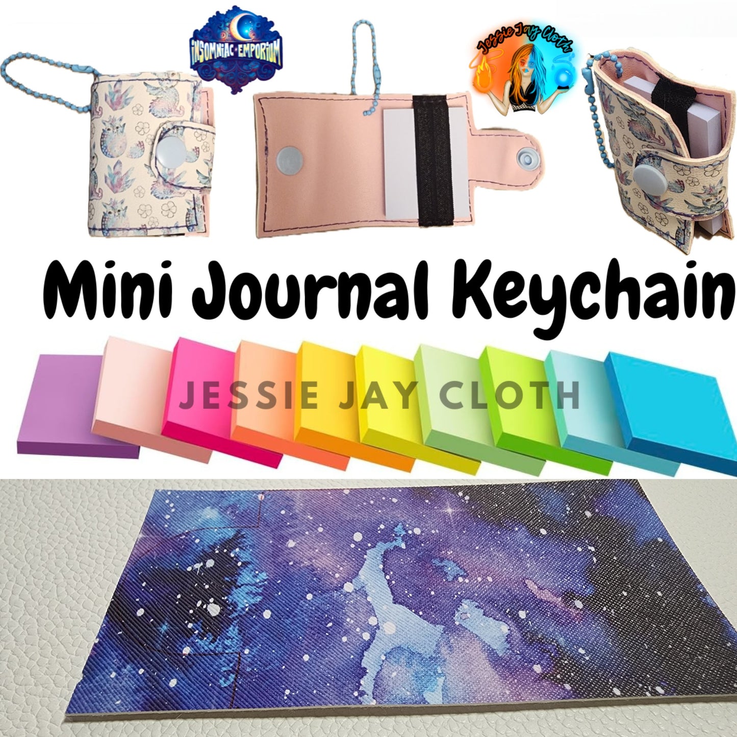 Reusable Mini Journal Keychain + Pen + Cord holder organizer + 50 sticky notes