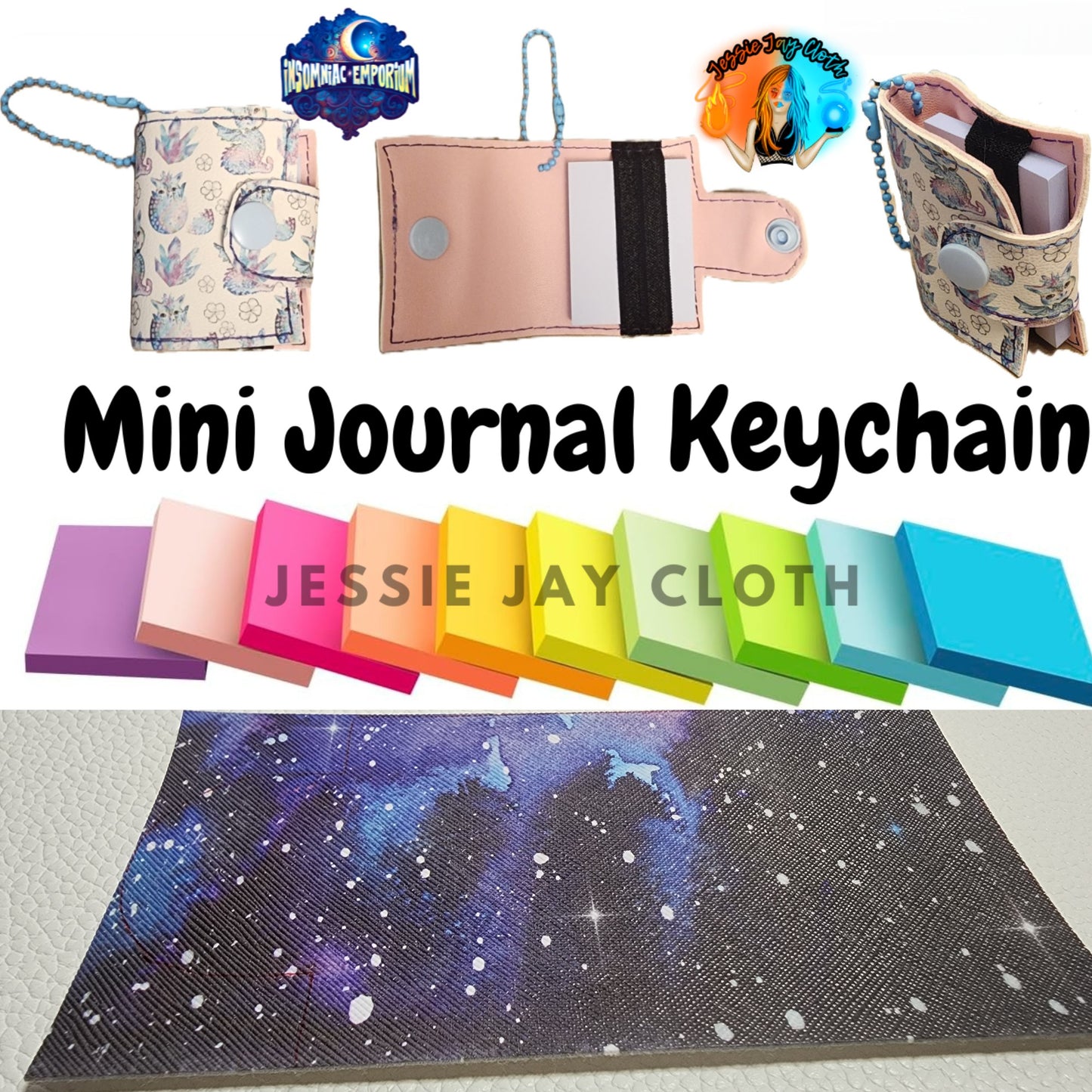 Reusable Mini Journal Keychain + Pen + Cord holder organizer + 50 sticky notes