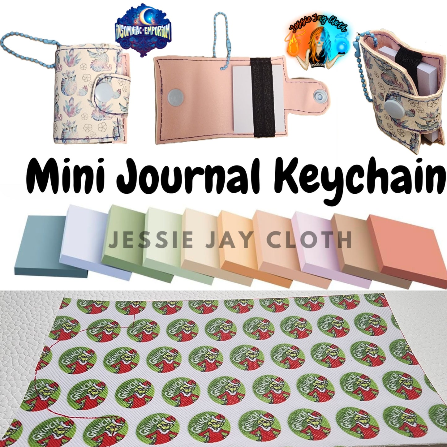 Reusable Mini Journal Keychain + Pen + Cord holder organizer + 50 sticky notes