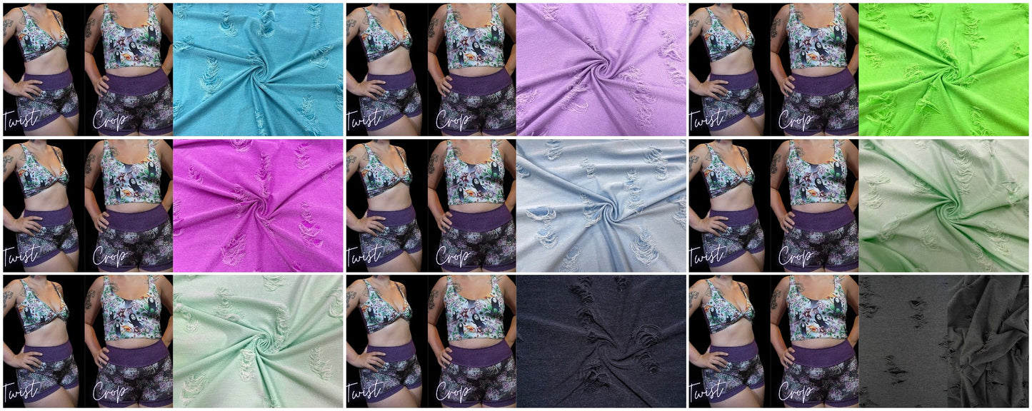 9 PRNTS! Custom 2-in-1 Crop Top | Distressed Fabrics, Blue, Purple, Green, Black, Piink