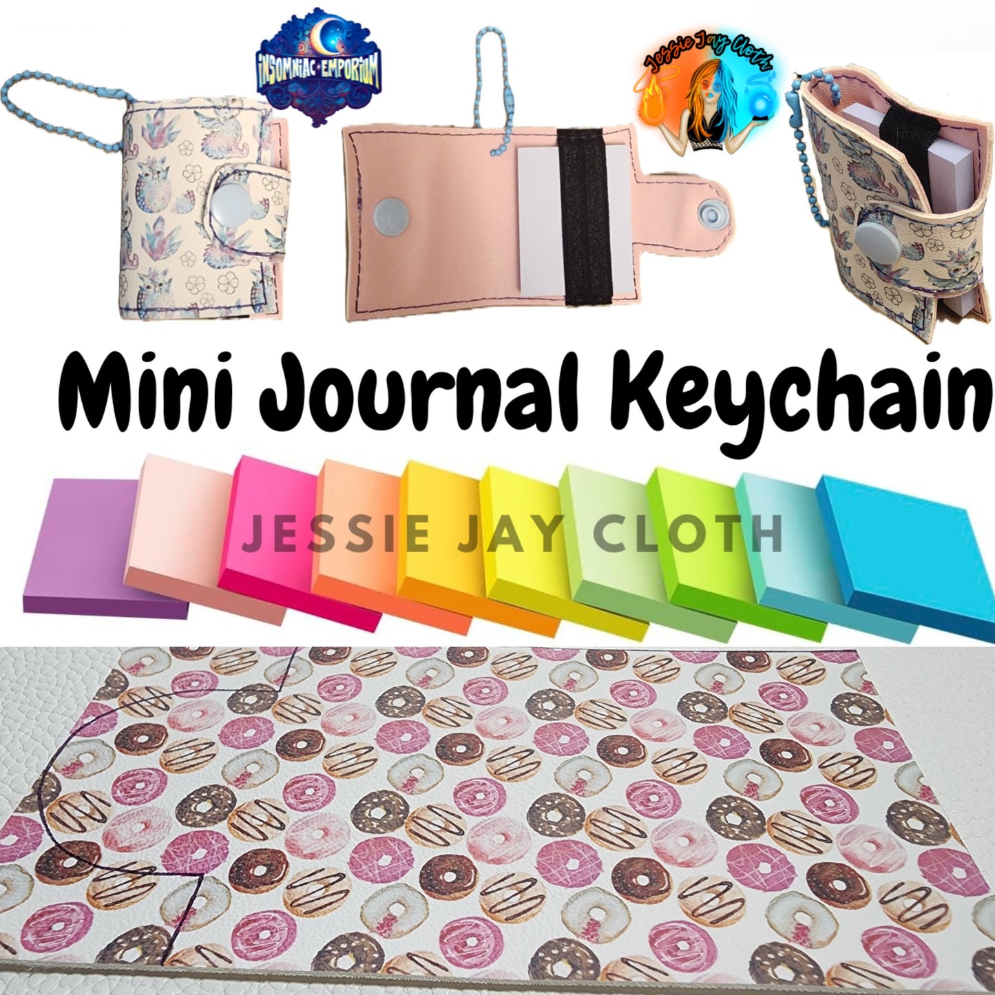 Reusable Mini Journal Keychain + Pen + Cord holder organizer + 50 sticky notes