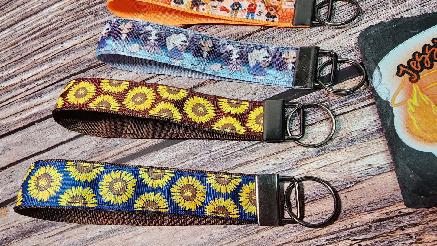 Sunflower, Friends, Dolls Wristlet Key Fob | Ribbon/Nylon Fabric Keychain | Choose your print
