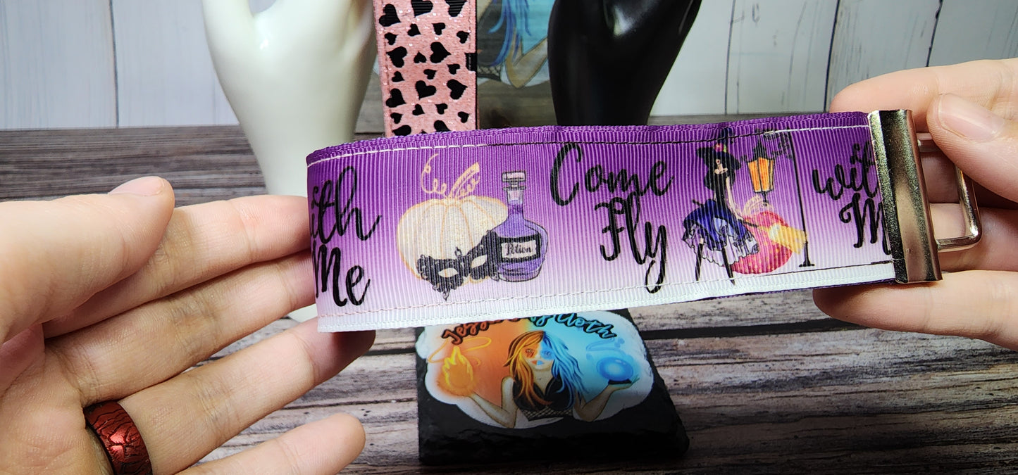 Glitter Hearts & Witch Come fly with me broom | 1.5 inch Wide Wristlet Key Fob | Ribbon & Nylon