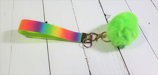 Lollipop Tie Dye |  Faux Leather & Nylon Fabric Keychain | Fluffy Pompom | Key Fob Wristlet |