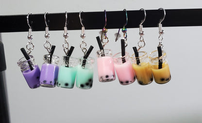 Strawberry Mason Jar Boba Tea Earrings | Silver Dangles |