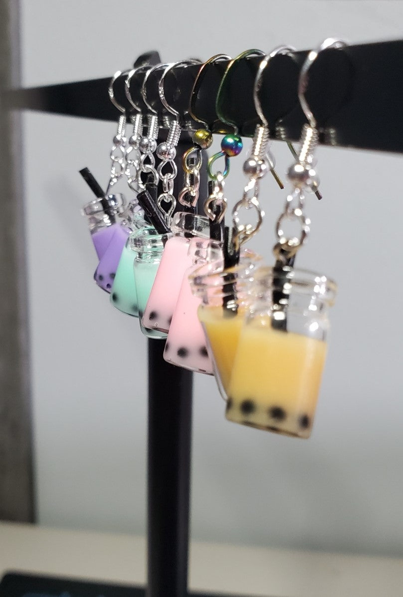 Strawberry Mason Jar Boba Tea Earrings | Silver Dangles |