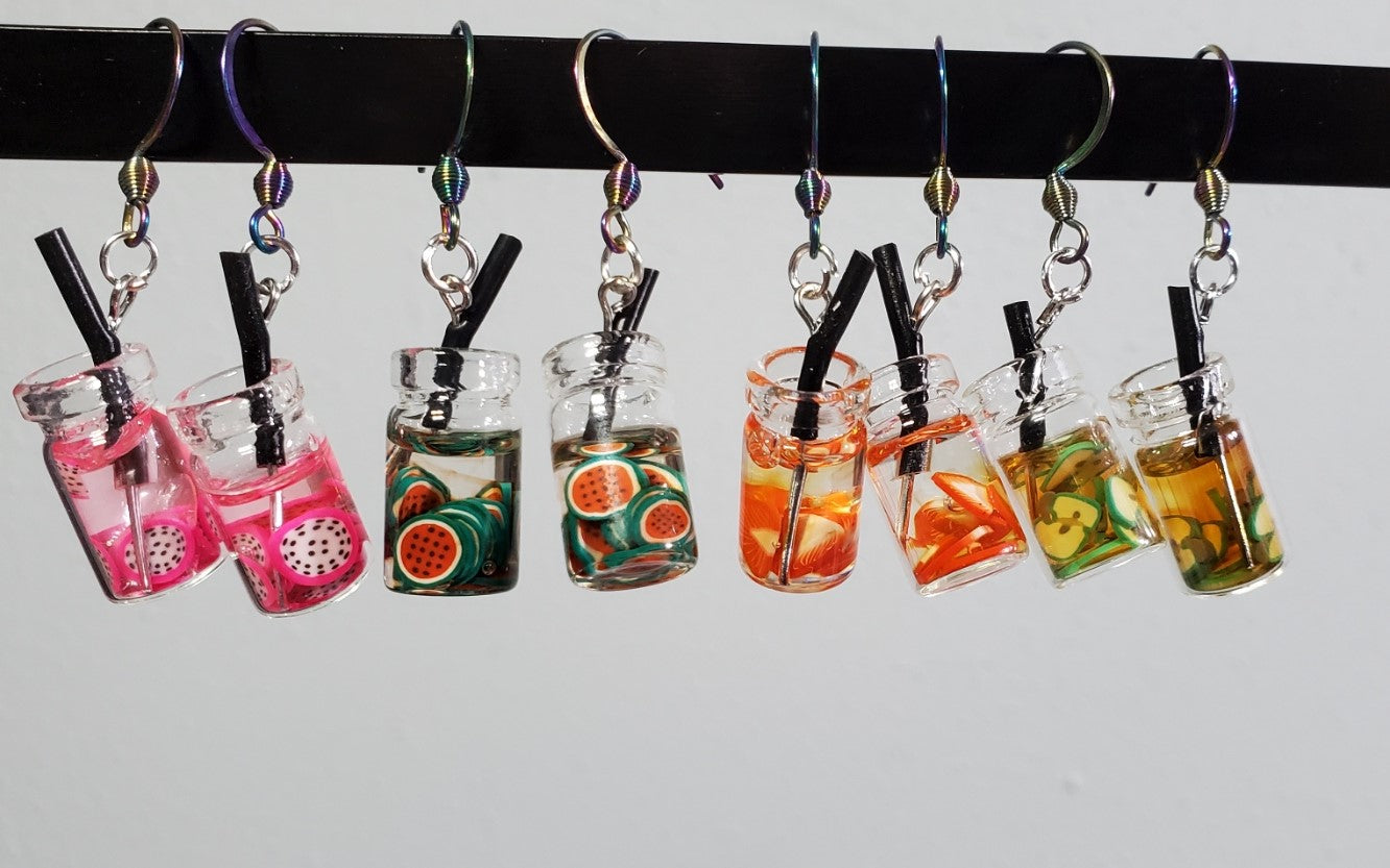 Watermelon Mason Jar Boba Fruit Tea Earrings | Rainbow Dangles |