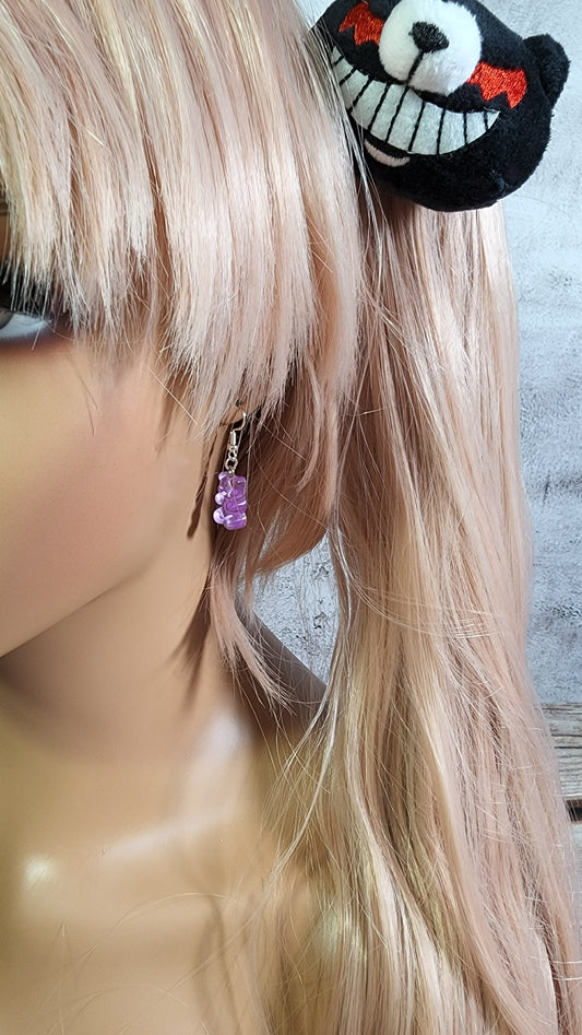 Purple Gummy Bear Earrings | Silver Dangles | Candy Gummie