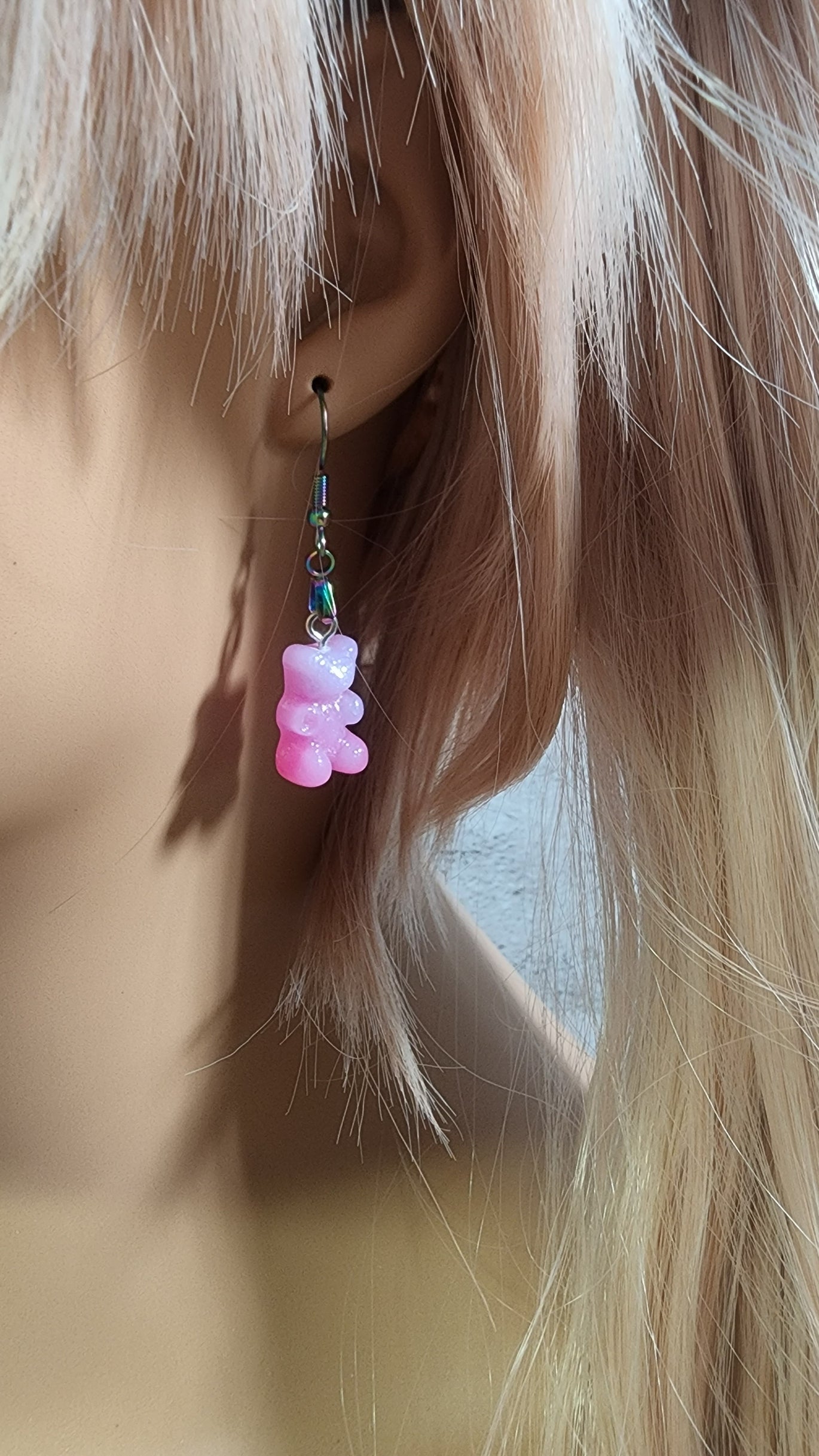 Ombre Glitter Gummy Bear Earrings | Rainbow Dangles | Glazed White & Pink