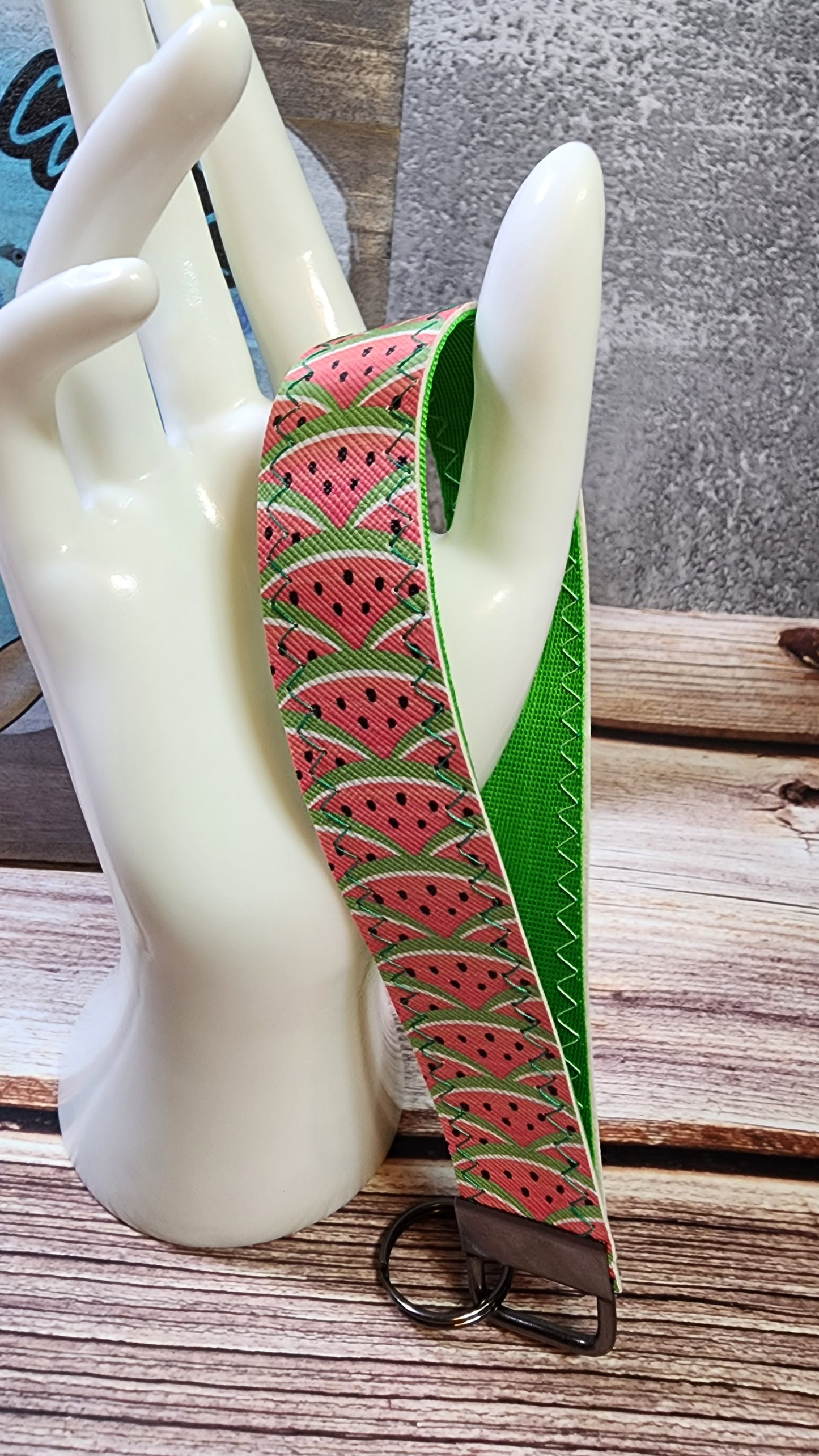 Faux Leather & Nylon Fabric Keychain | Key Fob Wristlet | Watermelon & Pizza