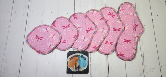 6/7/8/9/10/12"  Set  |  Serged Style Cloth Pad  |  2.5" or 2.75" snapped width | Pink Dragon fly