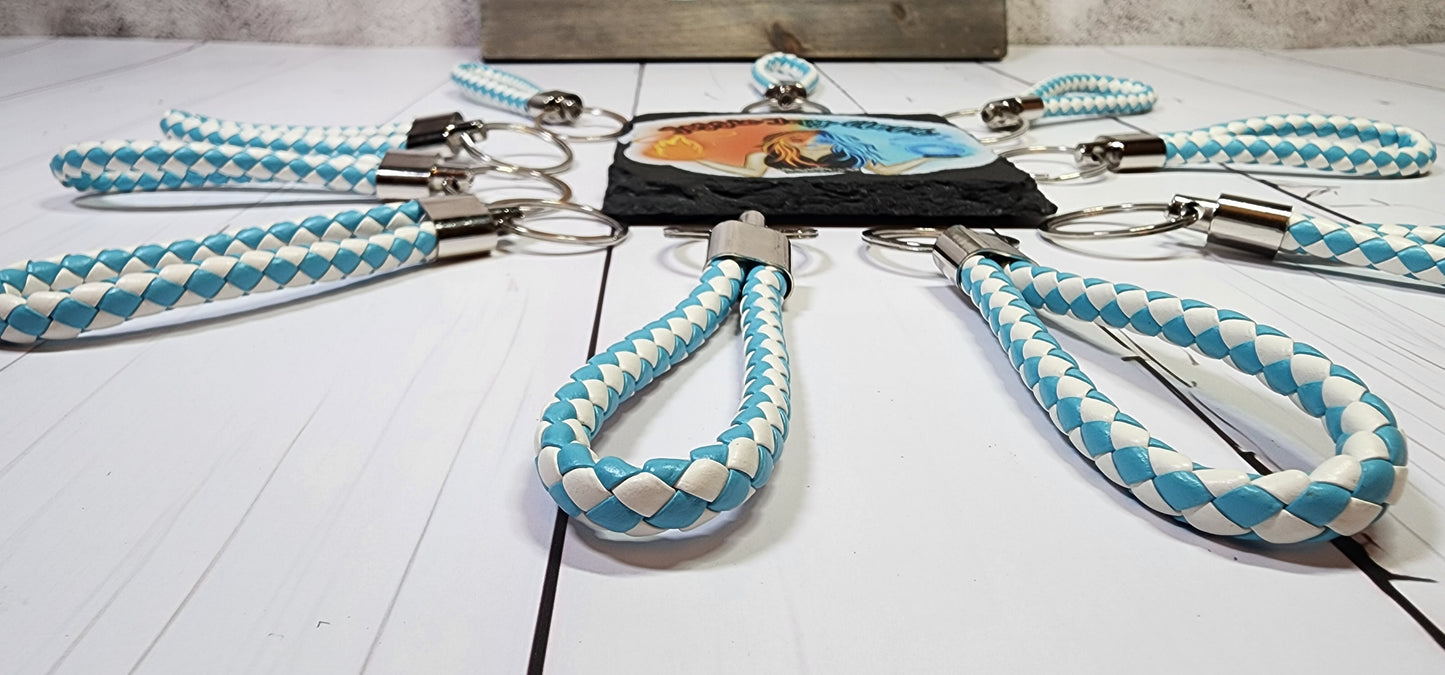 Light Blue & White | Leather Braided Rope Key Chain Strap | Add on