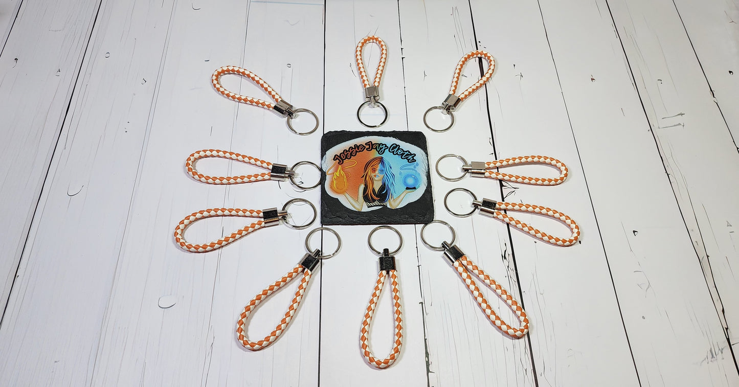 Orange & White | Leather Braided Rope Key Chain Strap | Add on