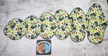 6/7/8/9/10/12/14 Set or SINGLE |  Serged Style Cloth Pad  |  2.5" or 2.75" snapped width | Kawaii Avocado Heart | Food Print