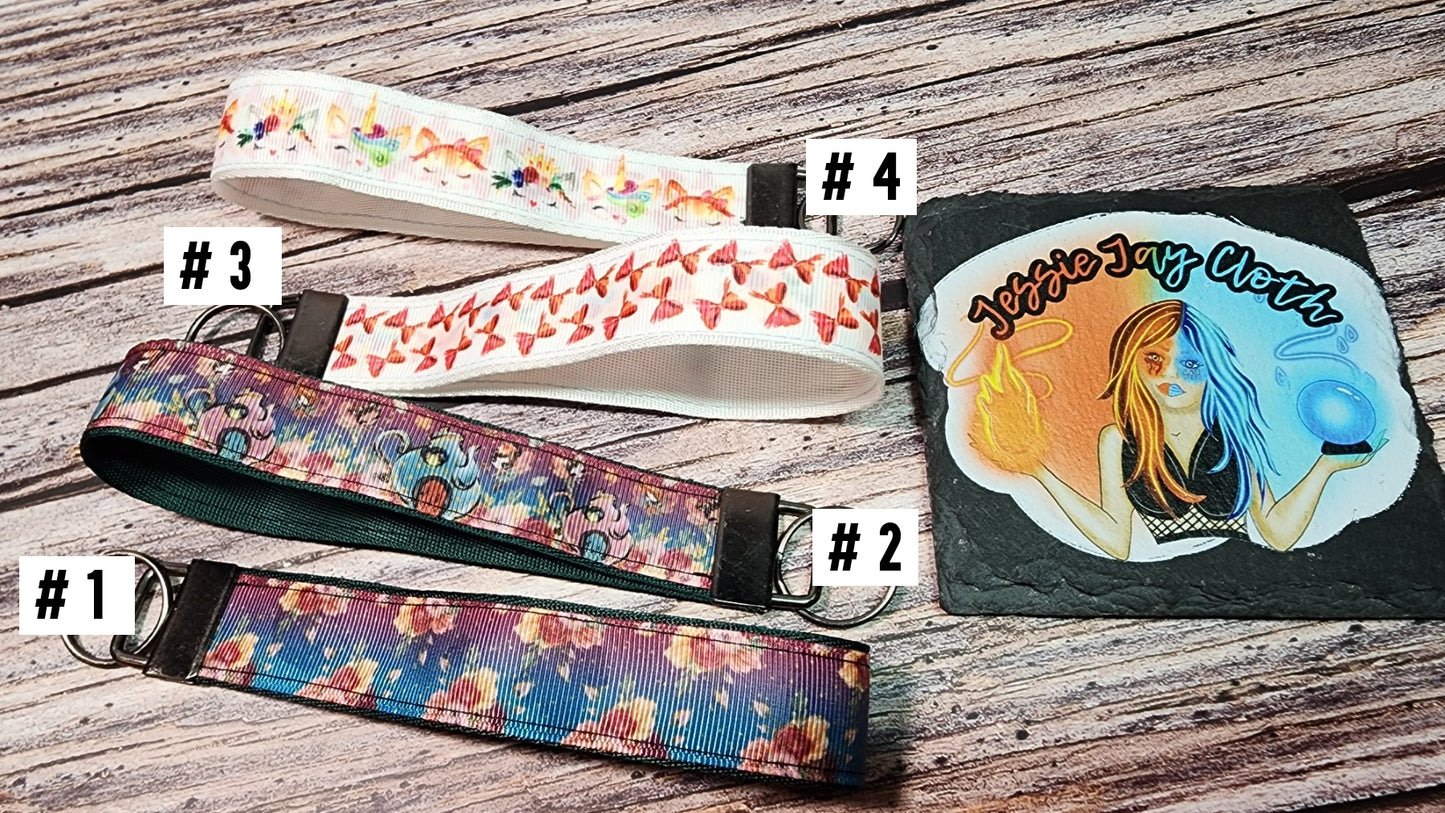 Uni Kitty, Bows, Fairy, Teapot, Floral Wristlet Key Fob | Ribbon/Nylon Fabric Keychain | Choose your print