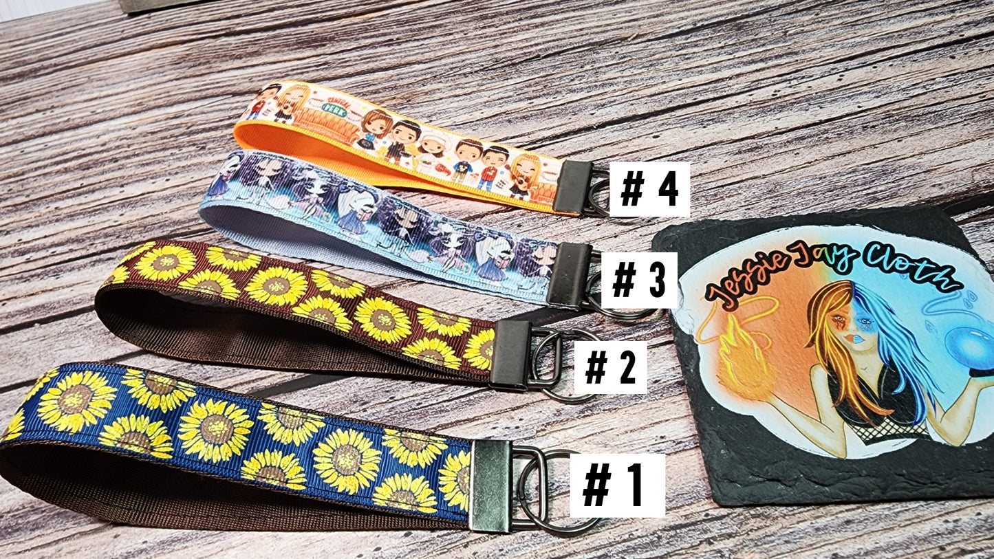 Sunflower, Friends, Dolls Wristlet Key Fob | Ribbon/Nylon Fabric Keychain | Choose your print