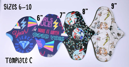 Template C | Budget Friendly Cloth Pads | 2.5" Snapped Width | 6/7/8/9/10 inches | Great starter set for Teen/Tween