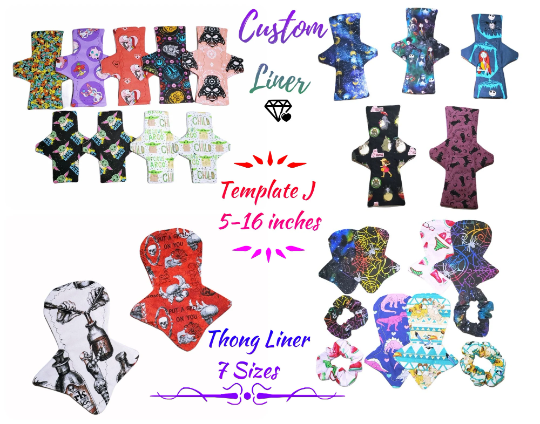 Custom Cloth Panty Liners | Straight Template J Shape | 5 to 16 inches | 2.5" Snapped