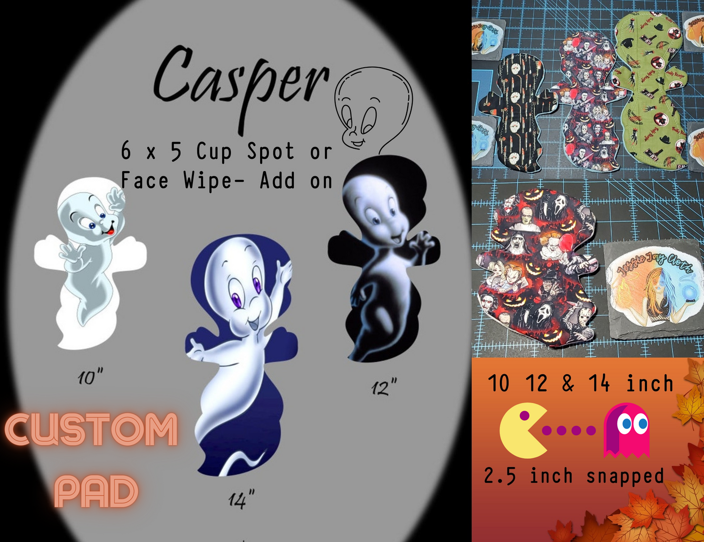 Casper Ghost Custom Cloth Pad | 10/12/14 inch | 2.5" Snapped Width | Bonus Wipe or Cup Spot